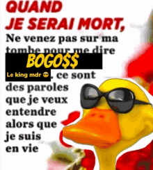 a picture of a duck wearing sunglasses with the words quand je serai mort on it