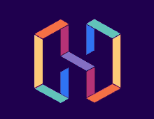 a purple background with a colorful letter h