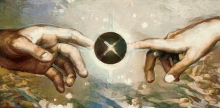 a painting of two hands reaching out towards a cross