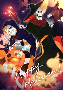 two skeletons wearing witch hats are holding a pumpkin and wishing you a happy halloween