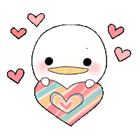 a cartoon duck is holding a heart in its hands surrounded by pink hearts .