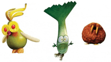 three cartoon characters made out of fruits and vegetables are standing next to each other on a white background