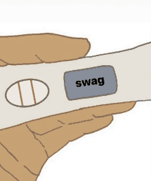 a hand holding a pregnancy test that says swag on it