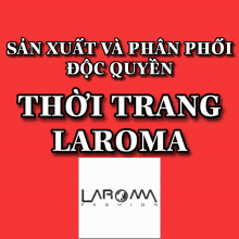 an ad for laroma fashion shows a white logo on a red background