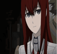 a girl with red hair and blue eyes is wearing a white shirt and a red tie