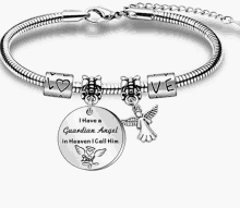 a silver bracelet that says i have a guardian angel in heaven i call him