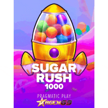 a poster for sugar rush 1000 shows a rocket filled with colorful balls