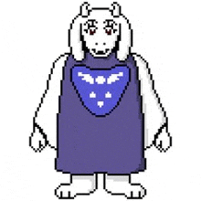 a pixel art drawing of a sheep wearing a purple dress and a blue heart on its chest .