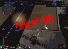 a video game with the words " i live again " in red