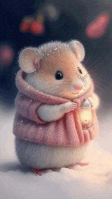 a hamster wearing a pink coat and scarf holds a lantern