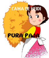 a cartoon of a girl holding a pile of hay with the words cama de heidi pura paja