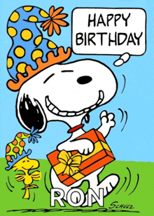 snoopy is wearing a party hat and holding a gift and says happy birthday ron