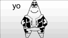 a black and white drawing of patrick star wearing a cow print jacket