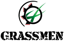 a logo for grassmen with a green check mark in the middle