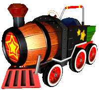 a toy train with a wooden barrel and a red star on the front