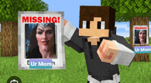 a minecraft character is pointing at a missing poster for wonder woman