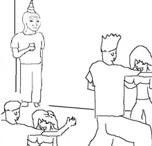 a black and white drawing of a group of people standing around a table .