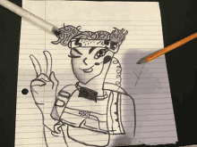 a drawing of a girl giving a peace sign with a pencil and pen