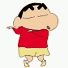 a cartoon character is wearing a red shirt and yellow shorts and is dancing .