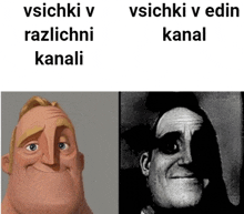 a cartoon character is smiling next to a black and white photo of a man with the caption vsichtki v razlichni kanali