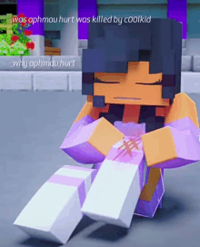 a girl in a purple dress is laying on the ground with a caption that says was aphmau hurt was killed by cool kid