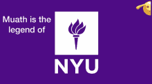 a nyu logo on a purple background with the words muath is the legend of