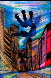 a painting of a person falling from a building with the artist 's name written on the bottom