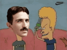 a cartoon of beavis and butthead cutting a man 's hair with a razor