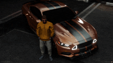 a man in a yellow sweatshirt stands in front of a mustang with black stripes