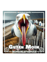 a picture of a seagull with its tongue out and the words guten moin