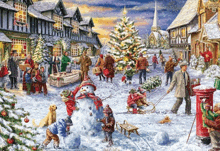 a painting of people playing in the snow with a snowman in the foreground