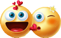 two smiley faces are kissing each other with hearts on their faces