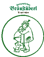 a drawing of a man standing next to a dog with the words herzogliches brauftieberl tegernsee below him