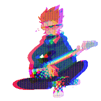 a colorful drawing of a person playing a guitar and a skateboard