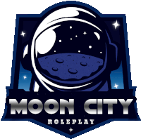 a logo for moon city roleplay with an astronaut 's helmet on the moon