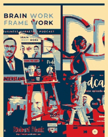 a poster for brain work frame work shows a man painting on an easel