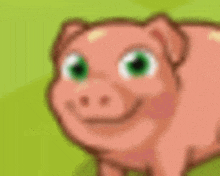 a cartoon pig with green eyes is smiling and standing on a grassy field .