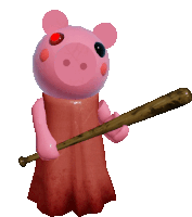 a pink pig with red eyes is holding a bat