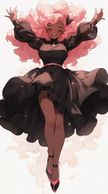 a girl with pink hair and a black dress is flying through the air