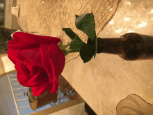 a red rose is sitting on a table next to a bottle