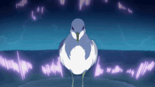 a blue and white bird stands in front of a purple background