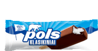 a pols ice cream bar in a blue and white wrapper