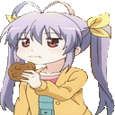 a girl with purple hair and a yellow jacket is holding a cookie in her hand .