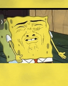 spongebob squarepants is making a funny face with his eyes closed and his mouth open .