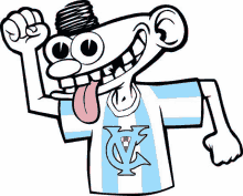 a cartoon character is wearing a blue and white striped shirt with the letter k on it and his tongue hanging out .