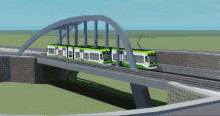 a green and white train is going over a bridge with a blue sky in the background