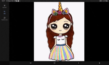 a drawing of a girl with a unicorn headband and a rainbow skirt .