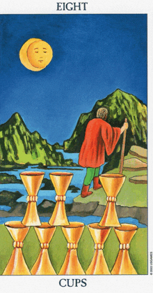 a tarot card that says eight cups with a man holding a cane