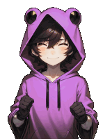 a girl wearing a purple hoodie with frog ears on it