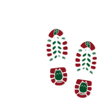 a pair of red and green footprints with a green cat on them .